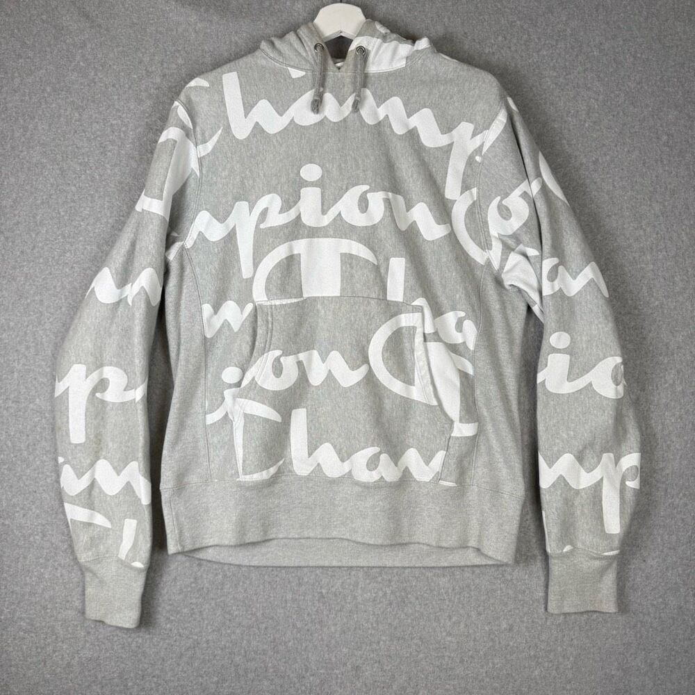 Champion Reverse Weave Mens Medium All Over Print Hoodie Sweatshirt Gray White